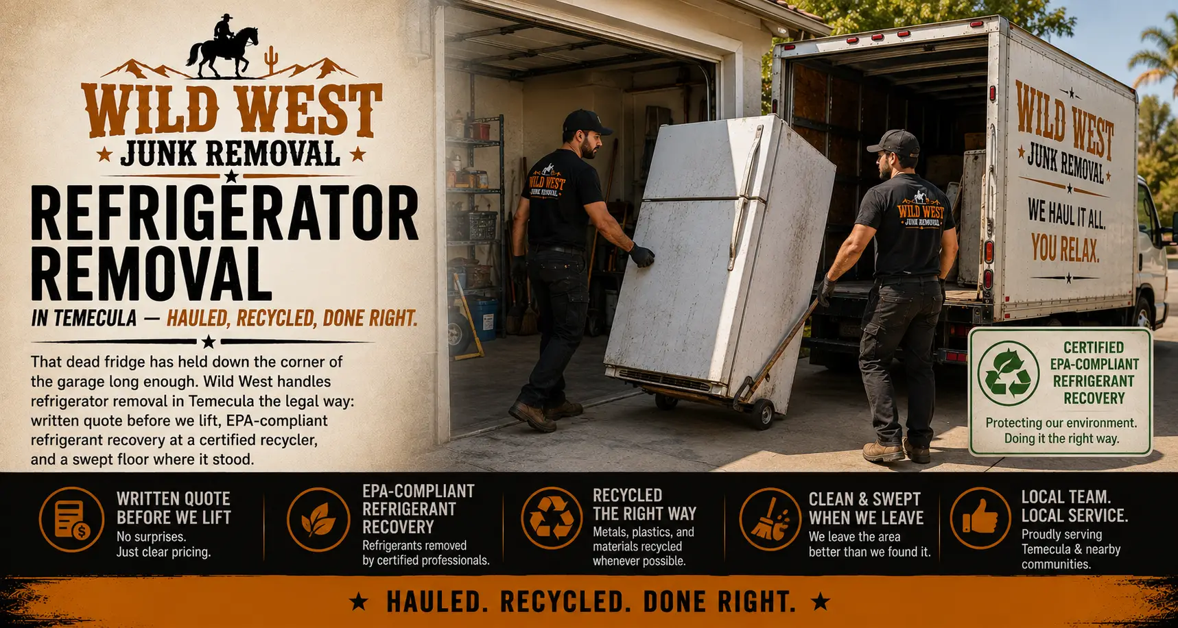 Wild West Junk Removal crew loading a refrigerator during a refrigerator removal in Temecula, CA