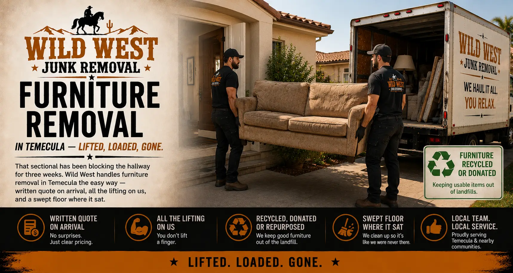 Furniture removal Temecula - Wild West Junk Removal crew loading a couch onto the trailer