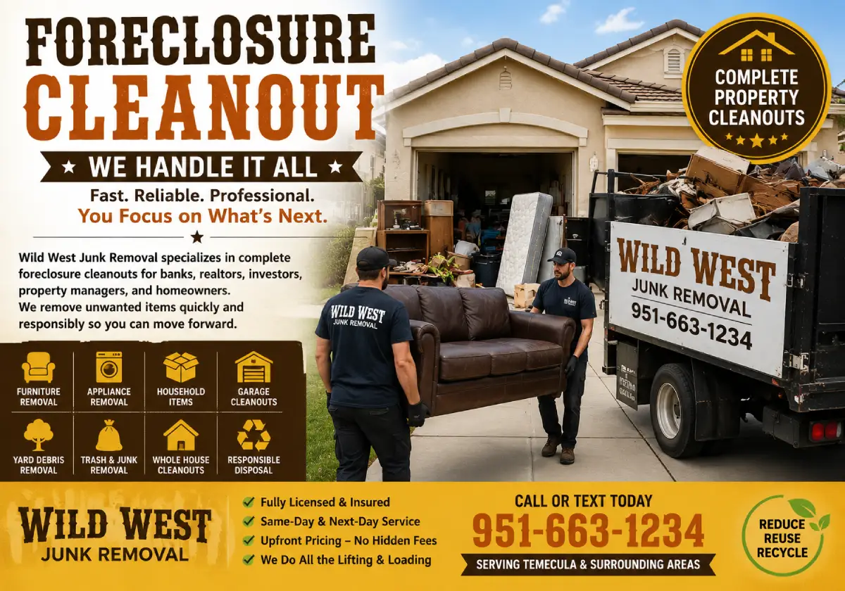 Wild West Junk Removal crew loading abandoned contents during a foreclosure cleanout at a bank-owned home in Temecula, California