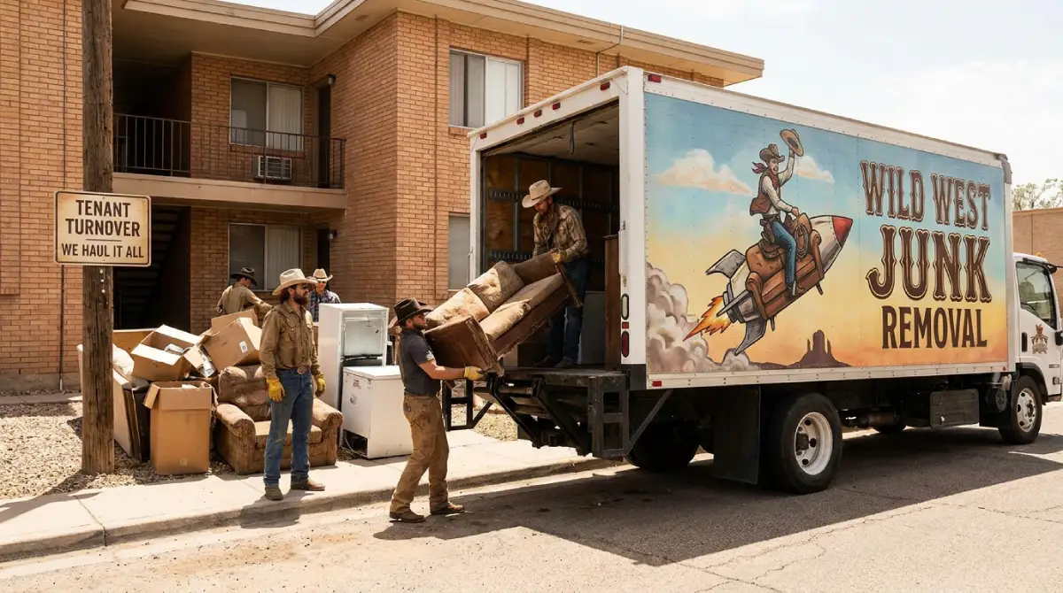 Wild West Junk Removal crew clearing a vacated rental unit during a tenant turnover cleanout in Temecula