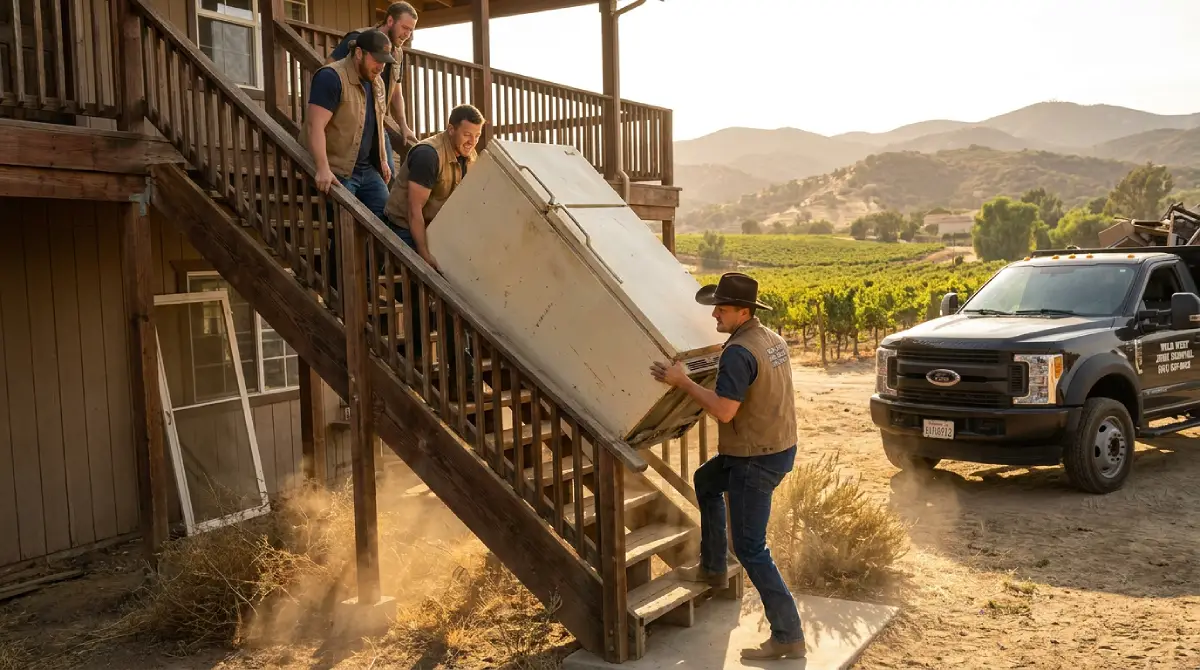 Wild West Junk Removal crew carrying a refrigerator down exterior stairs during a fridge removal in Temecula