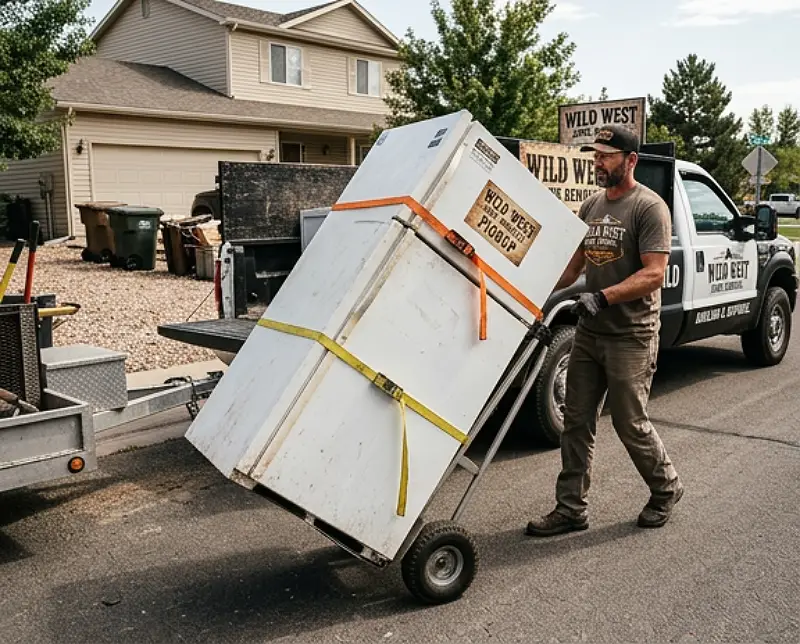wild west junk removal fridge pickup strapped on a dolly