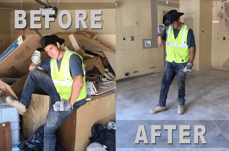 A before and after picture of a man in yellow vest.