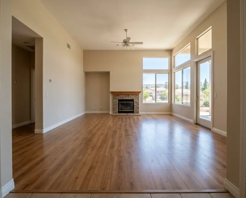 Empty swept living room in an inherited Temecula home after the cleanout. What the listing agent walks into: Open floor and nothing on the walls.