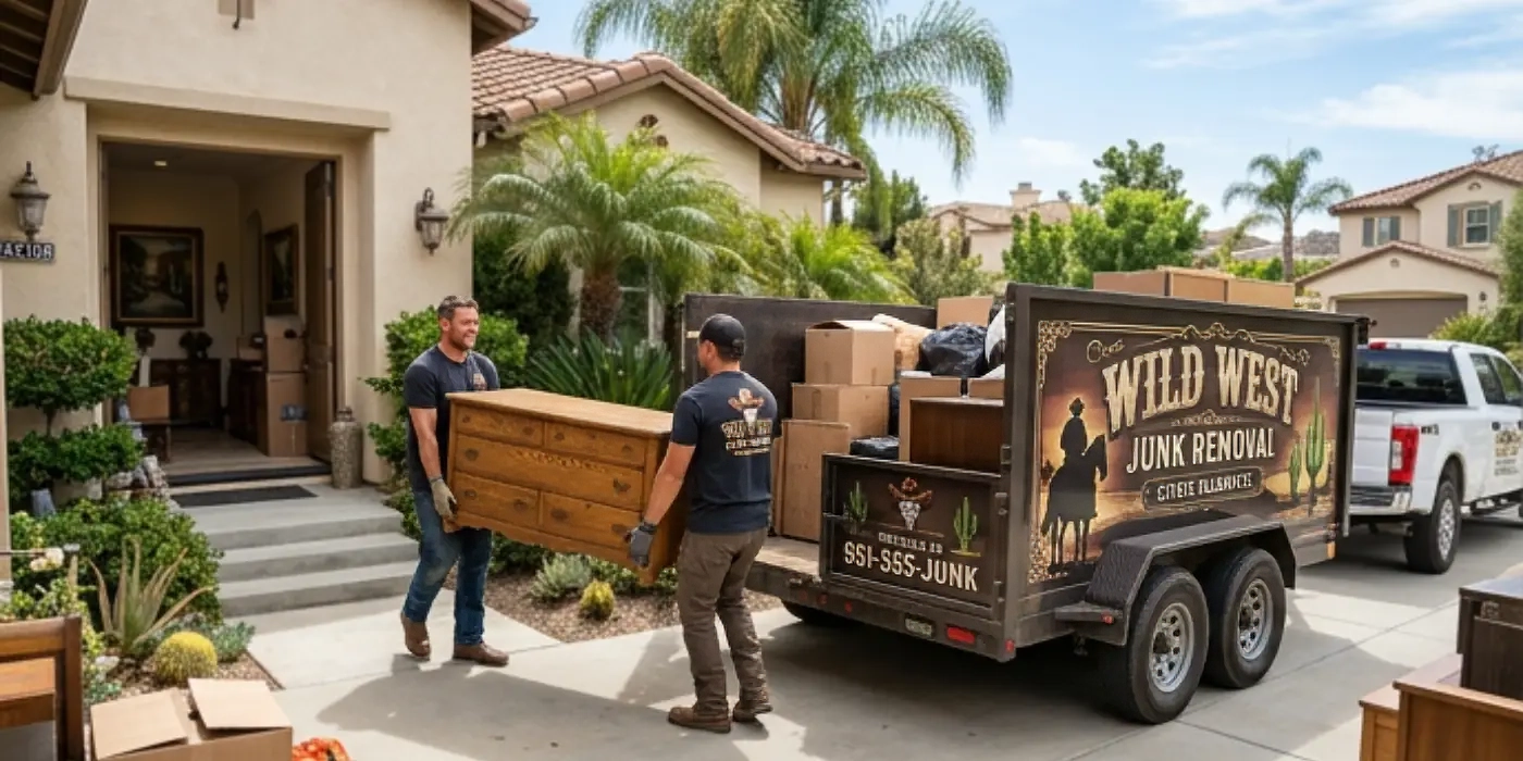 Estate cleanout with Wild West Junk Removal crew carrying a dresser out of a furnished Temecula home into a 12 foot dump trailer with a fancy signage on the side.