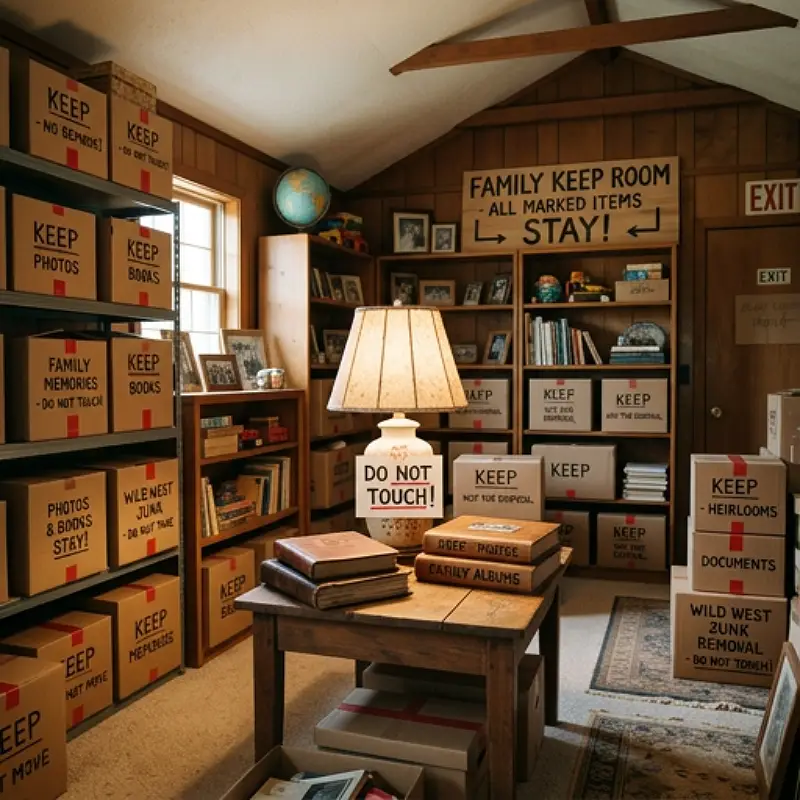 Family keep room with boxes, photo albums and a lamp marked 
