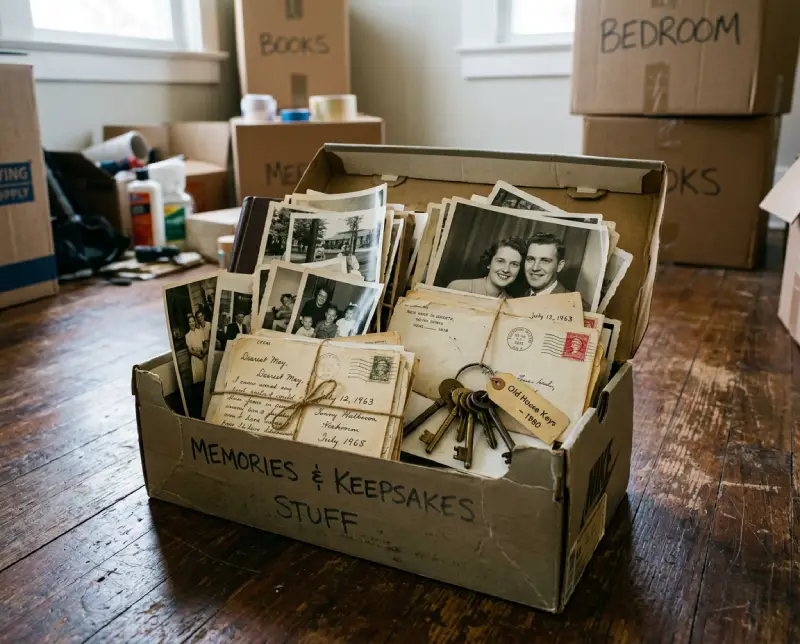Shoebox of old photographs, letters, and keys pulled aside during sorting during a move.