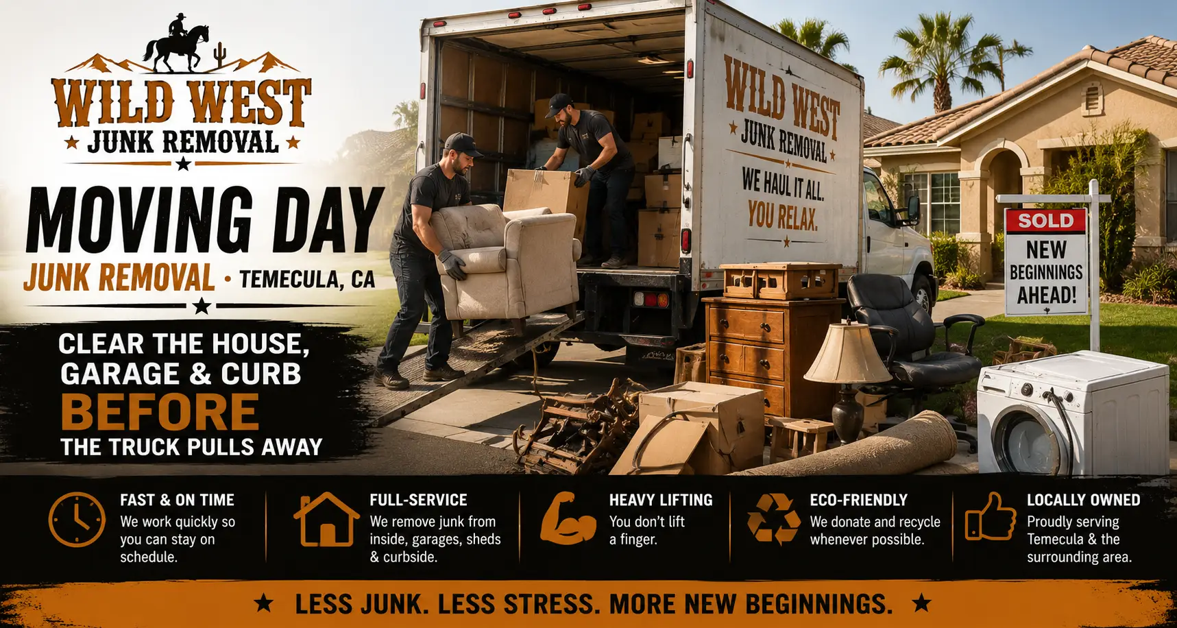Wild West Junk Removal truck and crew loading move-out junk at a Temecula home