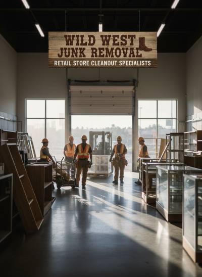 Retail store cleanout with shelving and display fixtures being removed