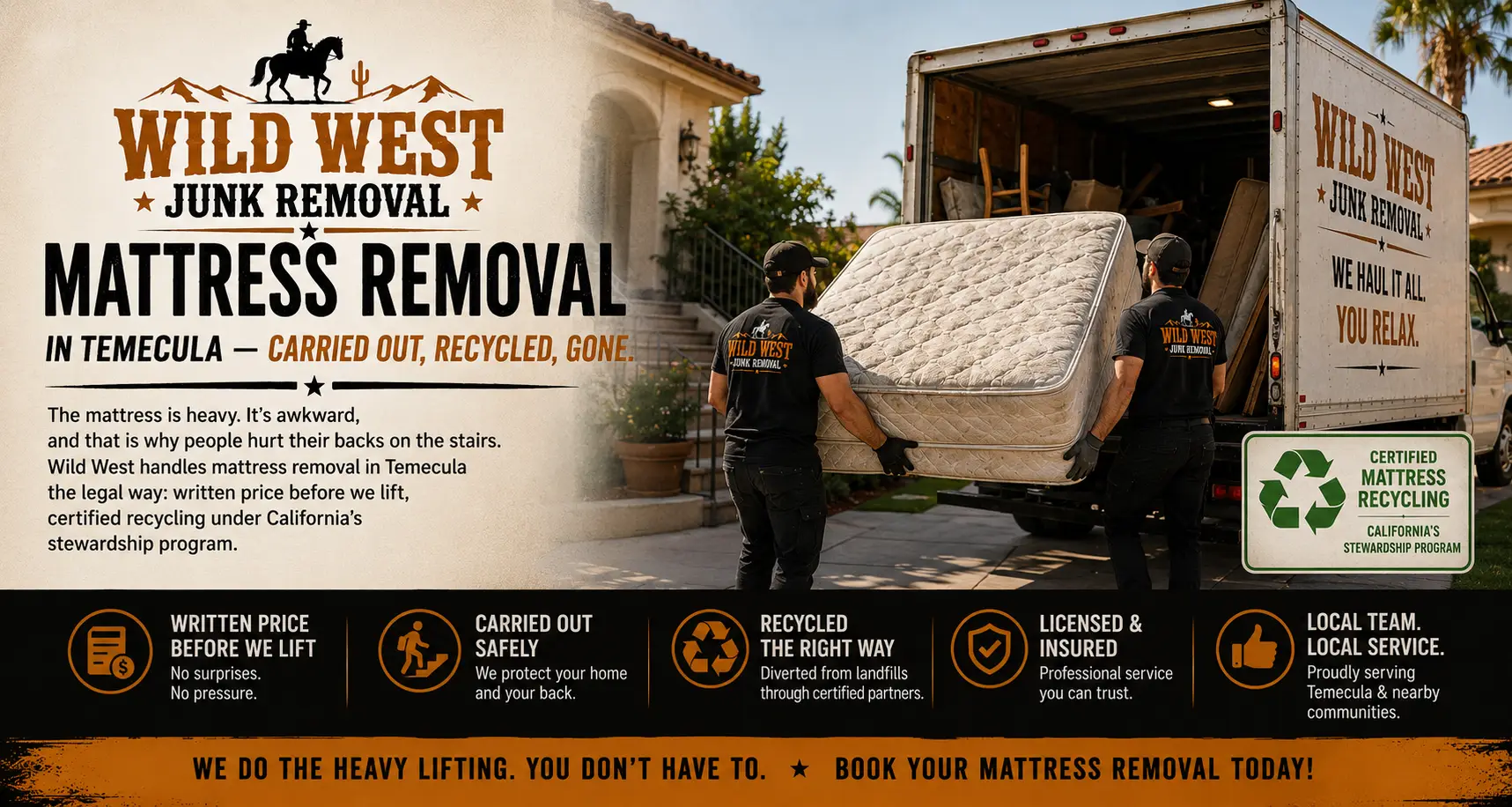 Wild West Junk Removal crew carrying a queen mattress out of a Temecula home during a mattress removal