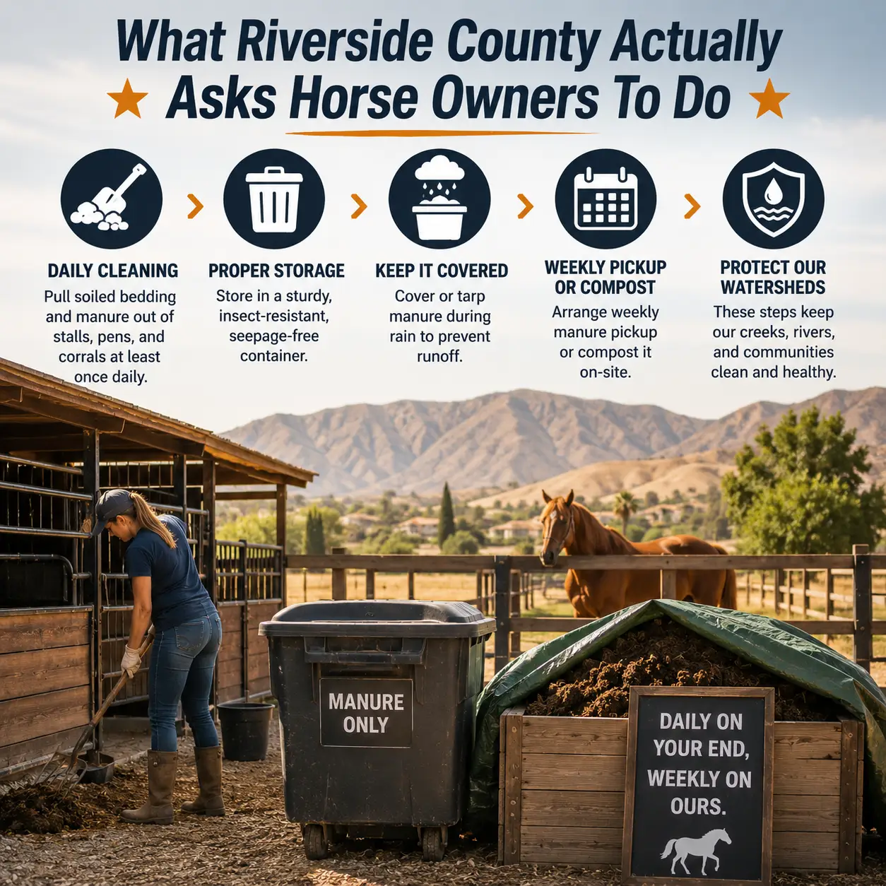 Equipment-assisted horse manure loading on a larger Riverside County equine property