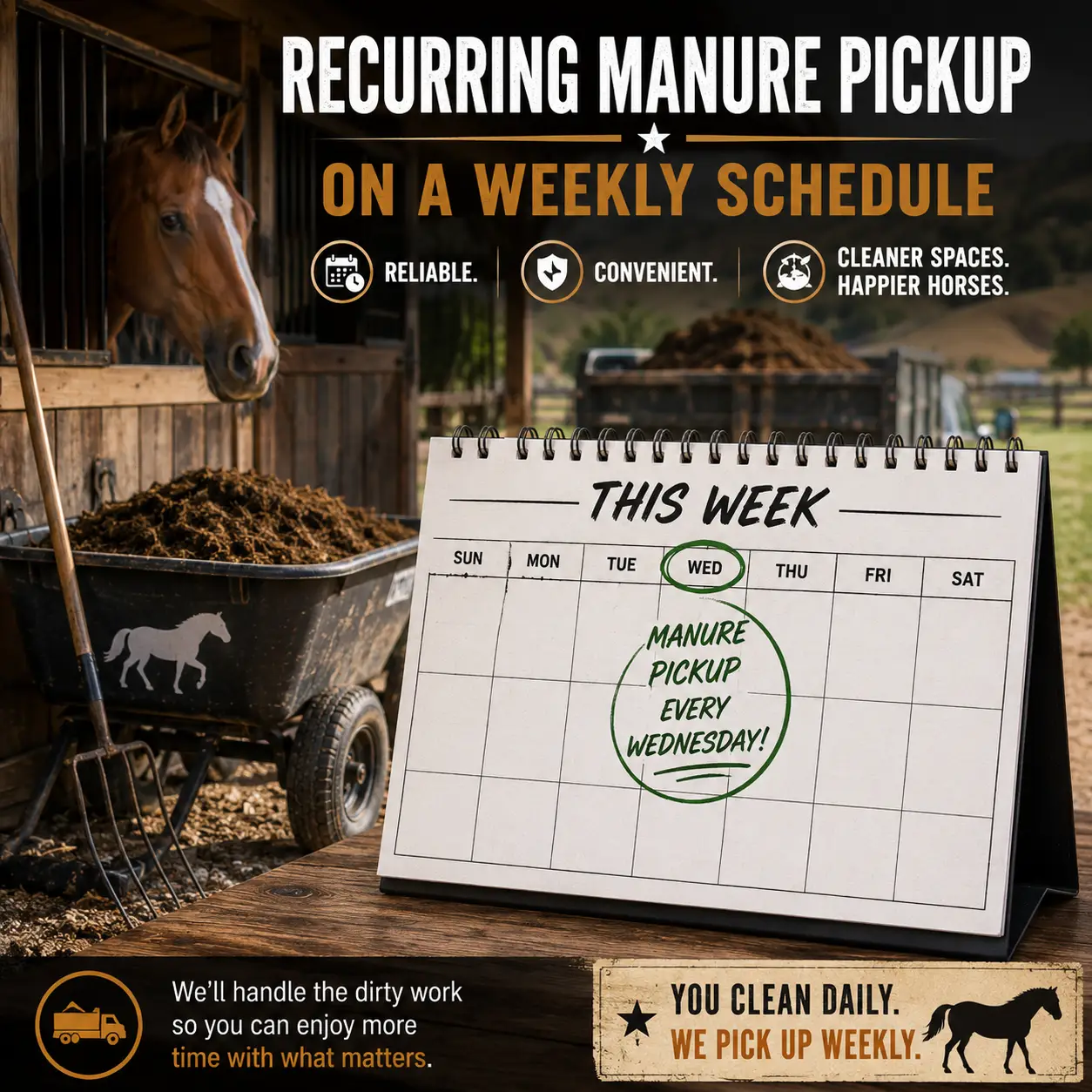 Recurring horse manure pickup service running on a scheduled route at a Temecula stable