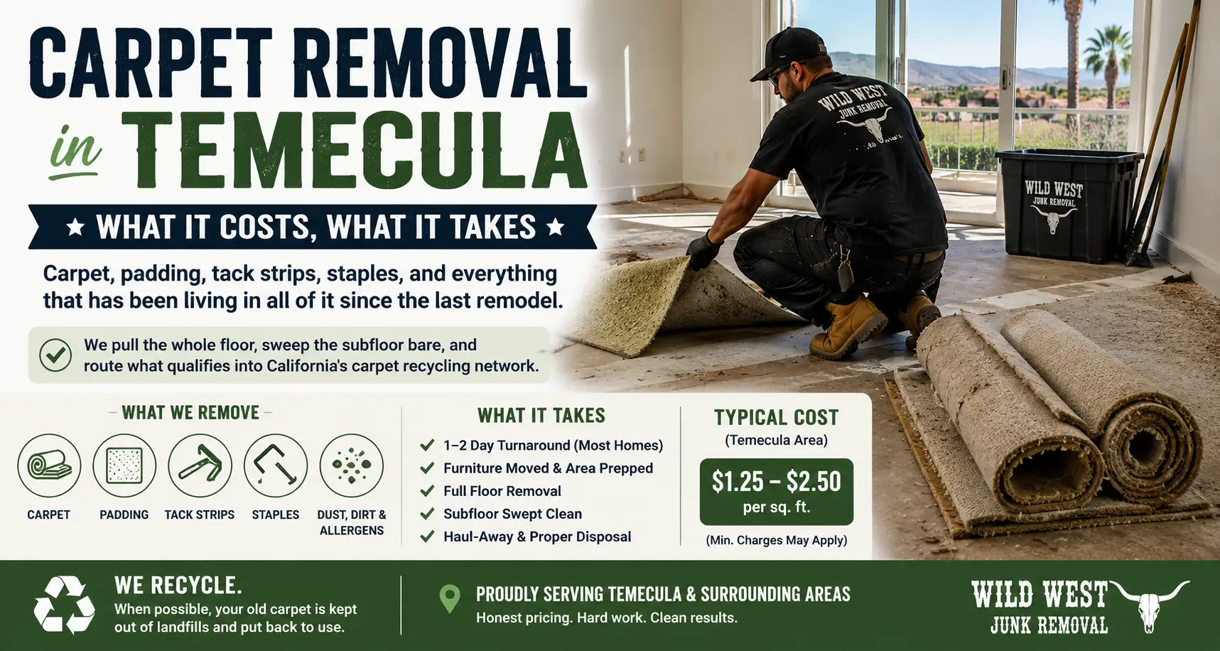 Wild West Junk Removal crew rolling and loading old carpet during a carpet removal job in Temecula, CA