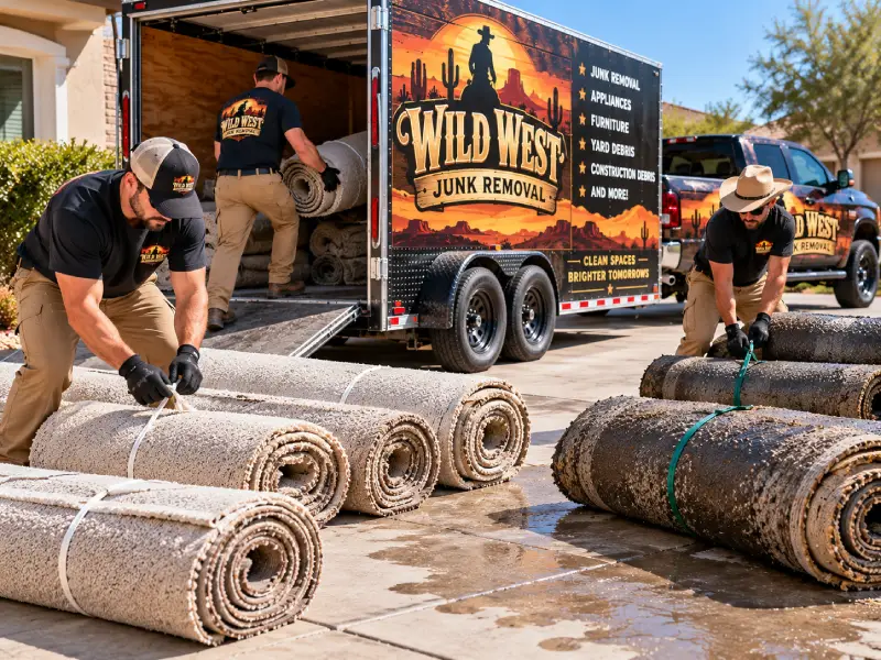 The Wild West Junk Removal team Rolling, tied carpet staged for the trailer with the wet rolls kept apart.