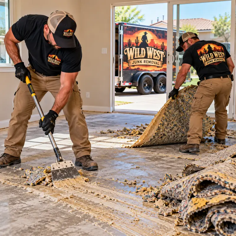 Wild West Crew removing a glued pad from a slab.