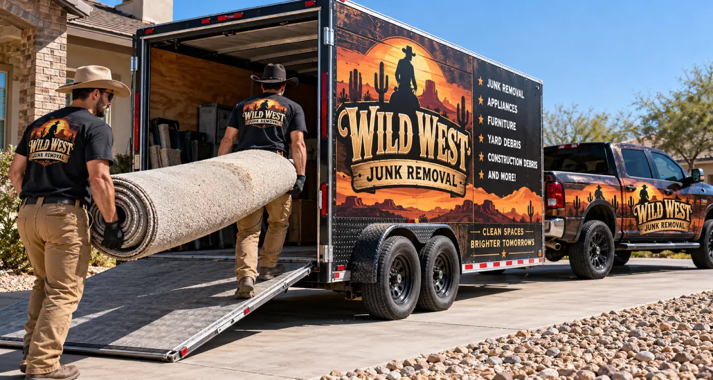 Wild West Junk Removal crew carrying cut, rolled carpet to the trailer