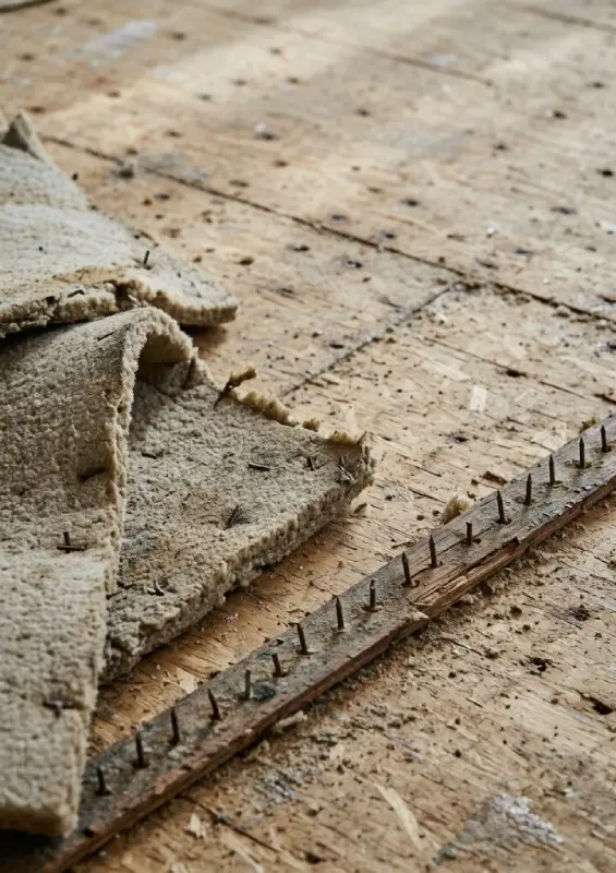 Carpet padding and tack strips pulled from a subfloor in a Temecula home