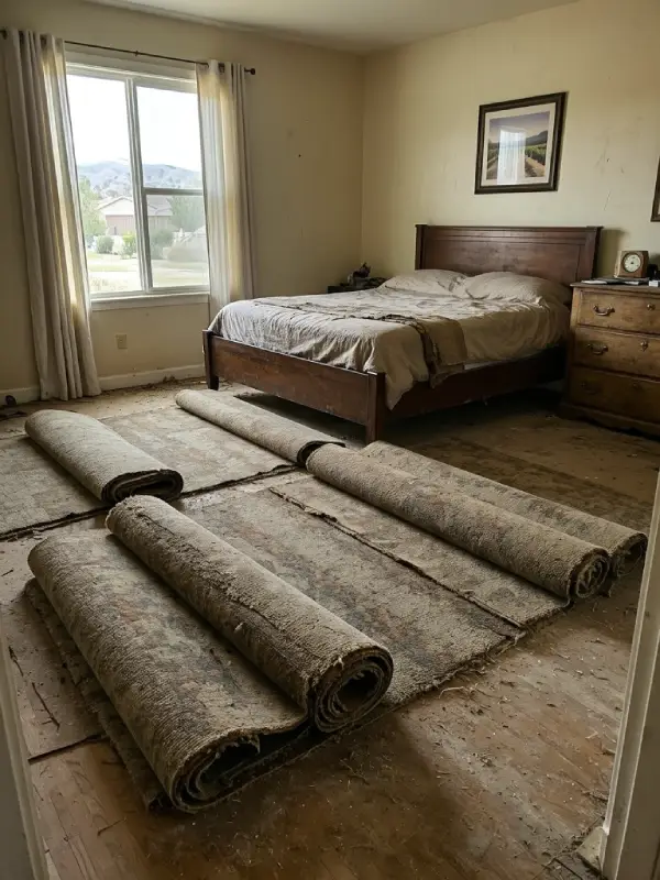 worn out carpet rolled