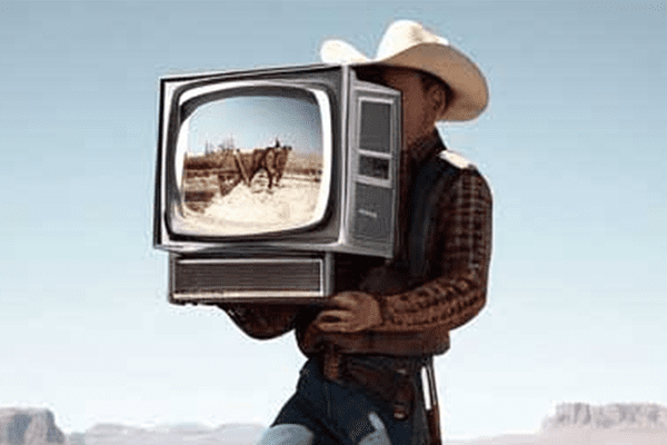 A man holding a television with a horse on it.