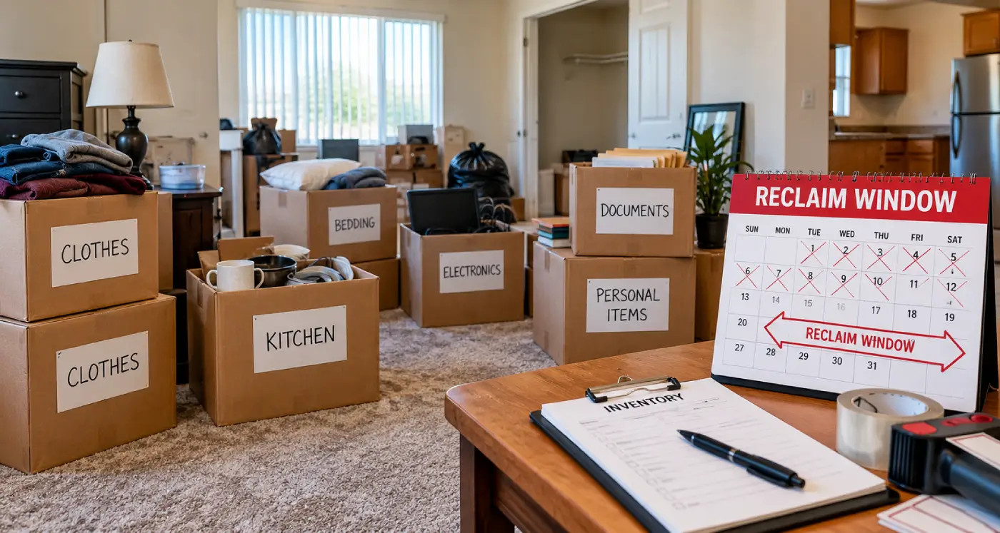 belongings in an abandoned apartment boxed and labeled while the reclaim window runs.