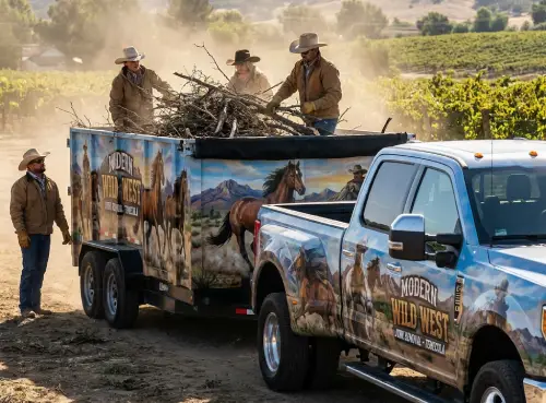 Wild West crew loading tree branches onto a trailer in Temecula