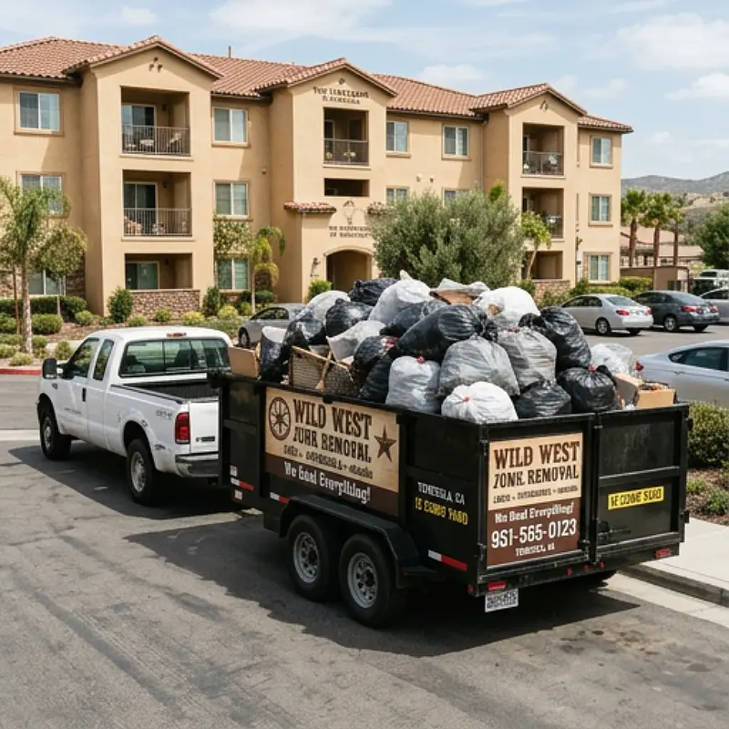 Wild West Junk Removal trailer parked at a Temecula apartment building
