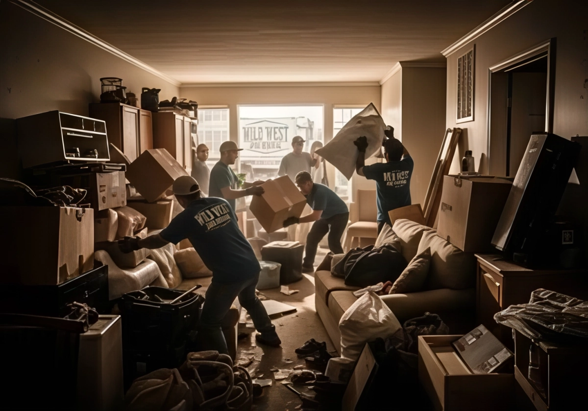 Hoarder cleanup in a Temecula home with belongings sorted into keep, donate and haul piles