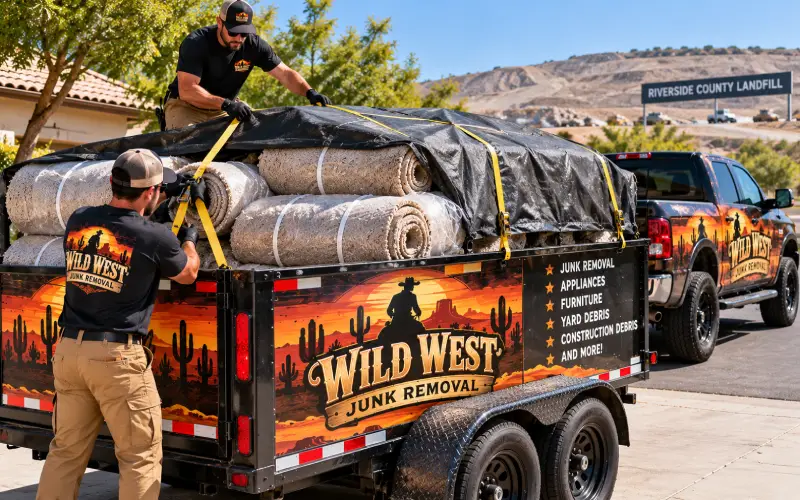Wild West Junk Removal team rolling carpet tied down and covered for a landfill run.