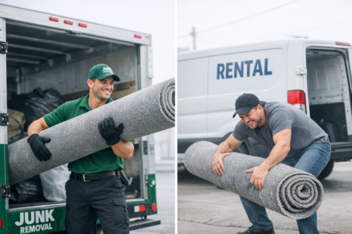 Person hauling old carpet to truck