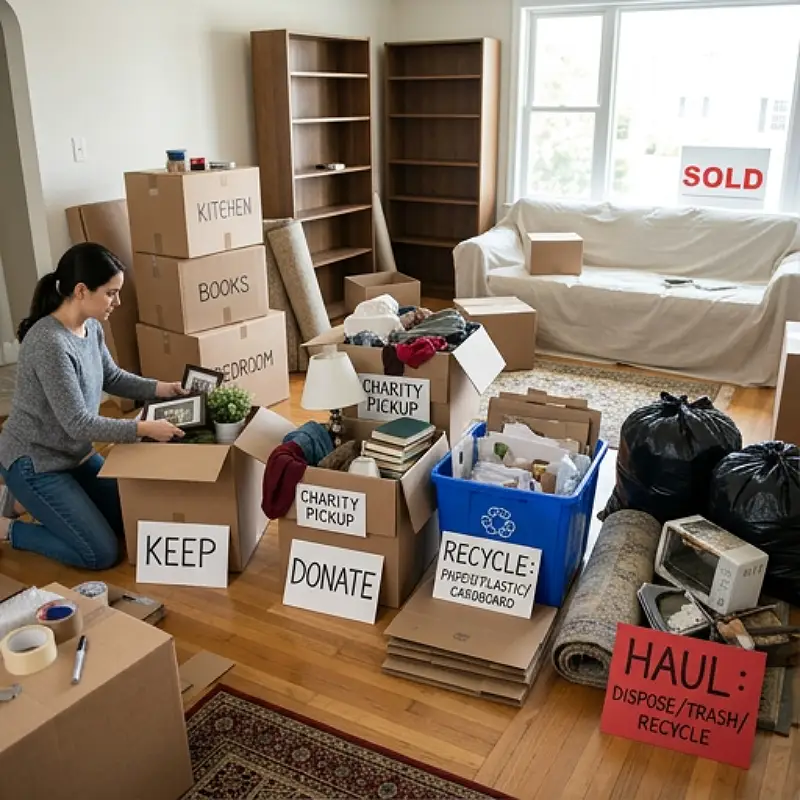 Sorted before it moves: keep, donate, recycle, haul.