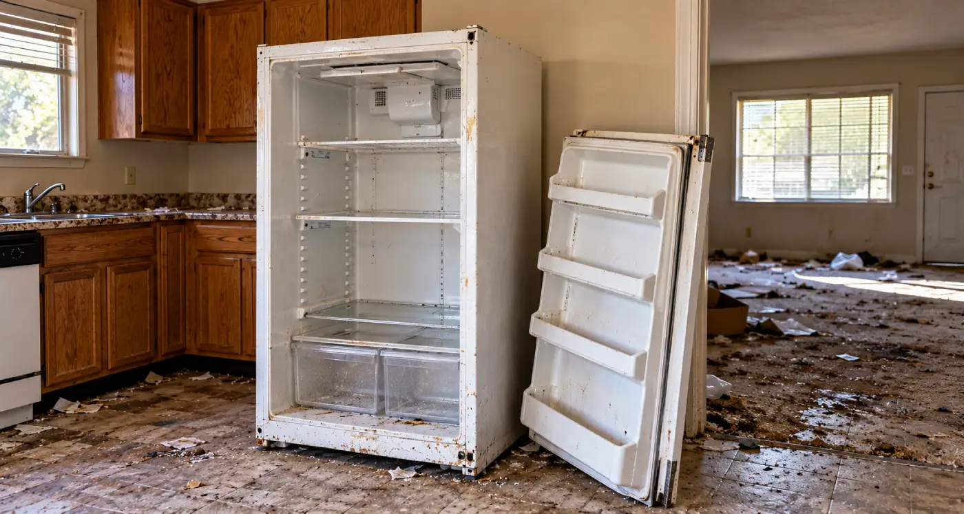 Abandoned Kitchen with Doorless Refrigerator