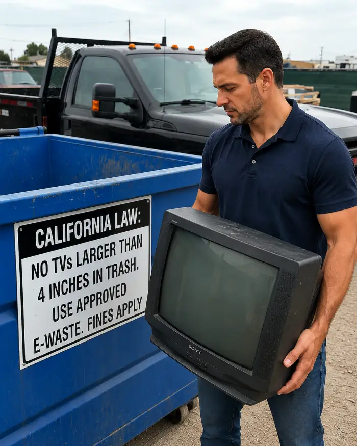 California law says that you can't discard a TV in a trash can