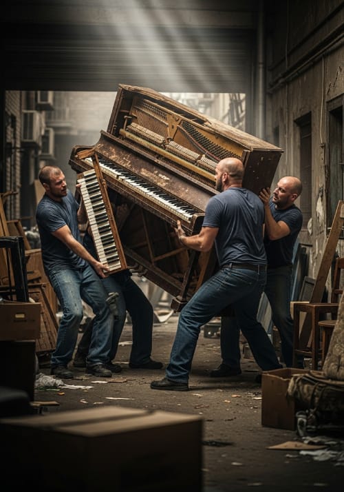 Upright piano tilted onto a heavy-duty dolly during a Temecula piano removal