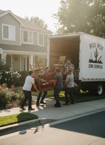 Wild West crew carrying furniture