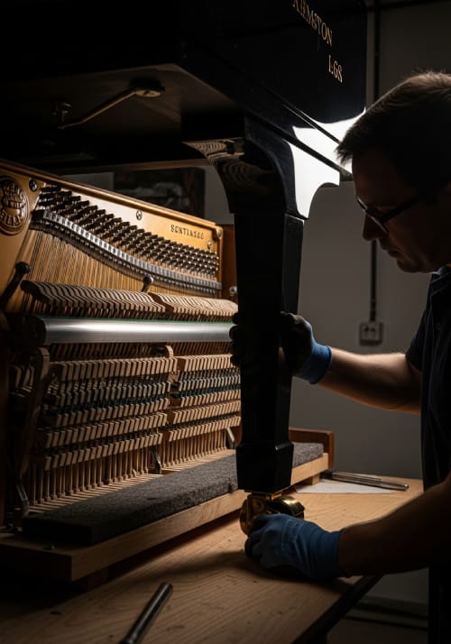 Grand piano disassembly showing a removed leg and pedal lyre during a Temecula removal