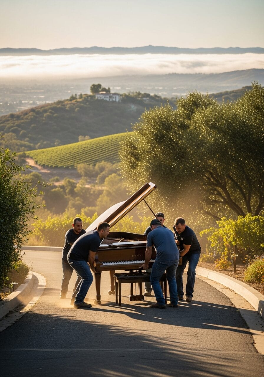 Grand piano with legs removed and body wrapped for hauling in Temecula