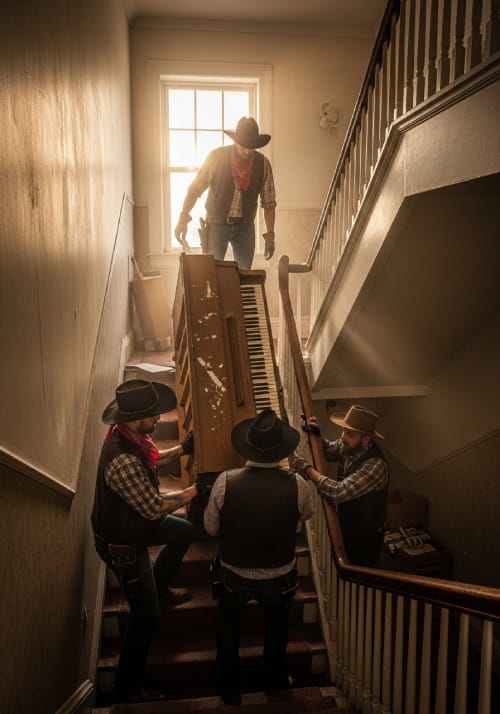 Wild West crew guiding a piano down a staircase with a stair dolly in Temecula