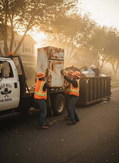 Crew hauling an old refrigerator out of a Temecula home for removal