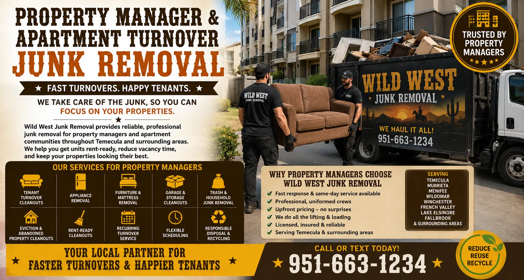 Wild West Junk Removal crew loading furniture from a rental unit during a tenant turnover cleanout in Temecula, California