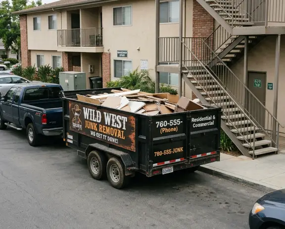 Wild West Junk Removal parks it 14 ft x 7 ft x 3.5 ft trailer with signage on side is parked near an exit by the apartment's stairway