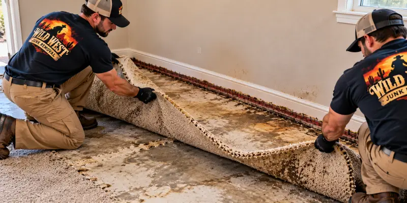Wild West Junk Removal staff pulling carpet back from the wall showing dark tack strip and a stained slab.