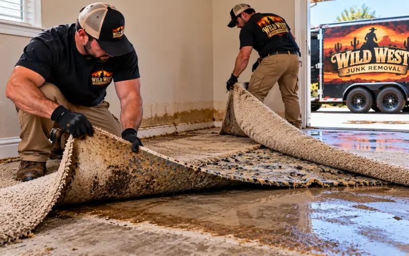 Wild West Junk Removal staff pulling carpet back from the wall showing dark tack strip and a stained slab.