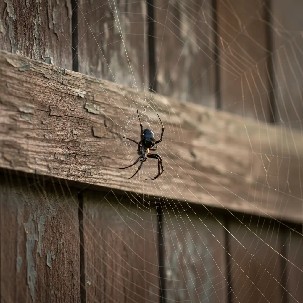 Photo of a black widow web along the bottom edge of a wood shed floor
