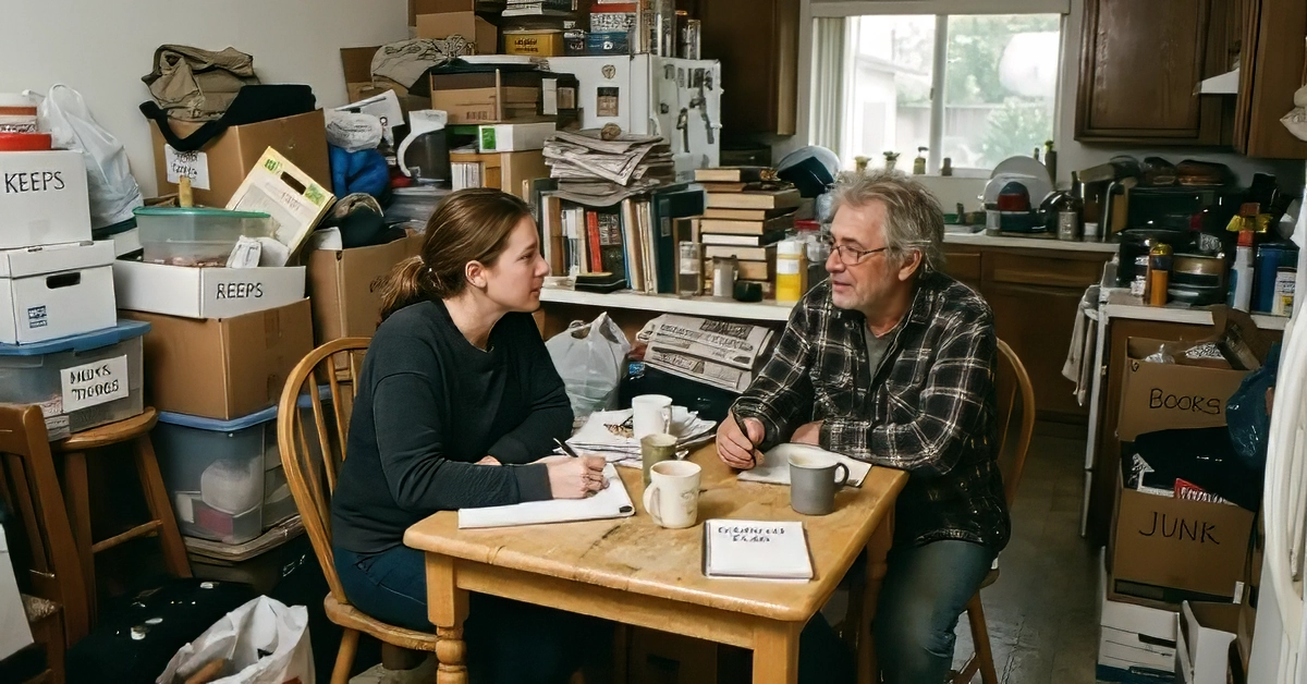 Daughter talking to father about hoarding cleanout