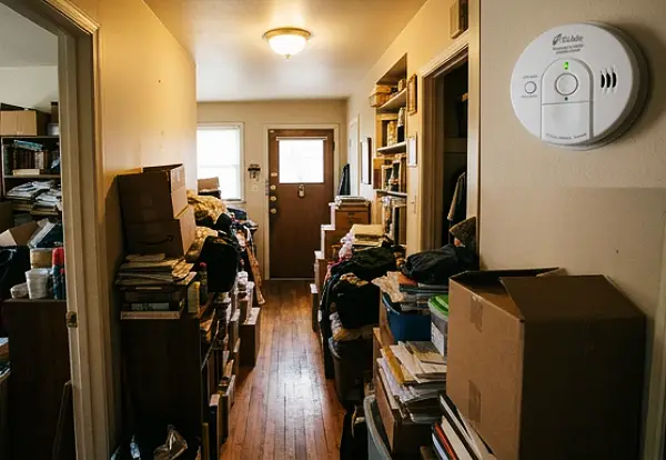 Cleared path to a back door in a cluttered Temecula home, with a working smoke alarm on the ceiling