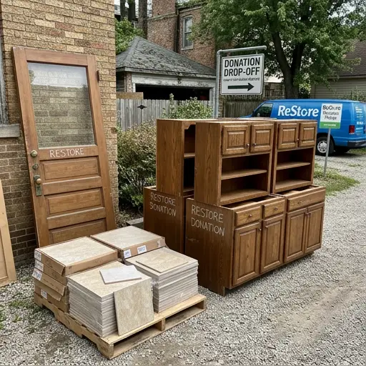 Unopened tile boxes, an interior door and intact cabinets staged for a Habitat ReStore donation