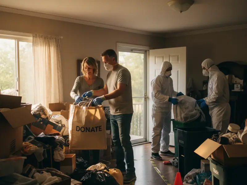 Father and son sorting boxes in one corner of a Murrieta garage before a small junk removal pickup