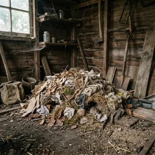 Photo of rodent nesting material and droppings found under a lifted shed floor in Temecula