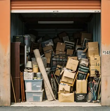 Roll-up door of a packed self-storage unit near Winchester Road in Temecula