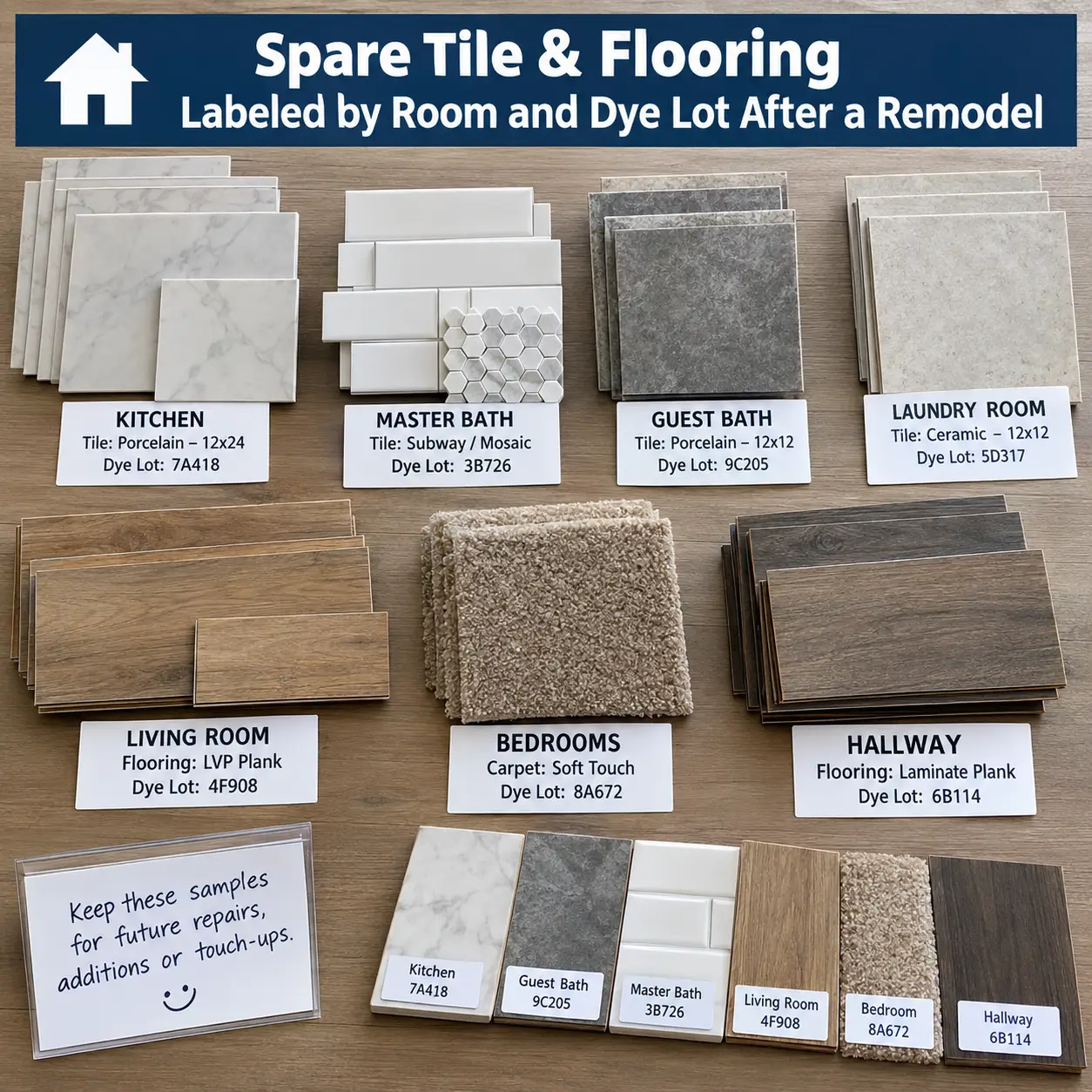 Labeled boxes of spare floor tile and flooring planks stored on a garage shelf